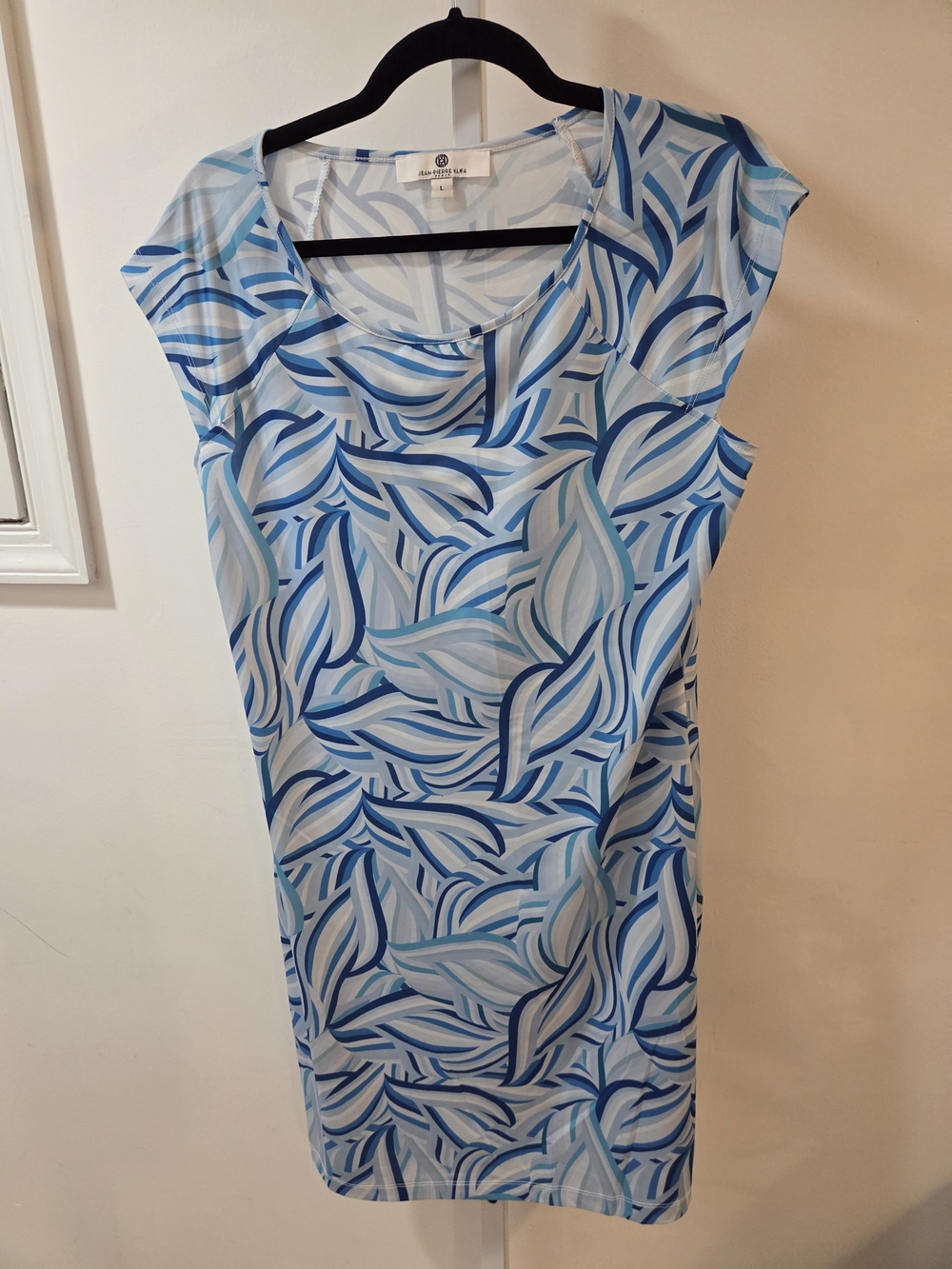 Jean Pierre Blue & White Leaf-Print Cap-Sleeve Midi Dress